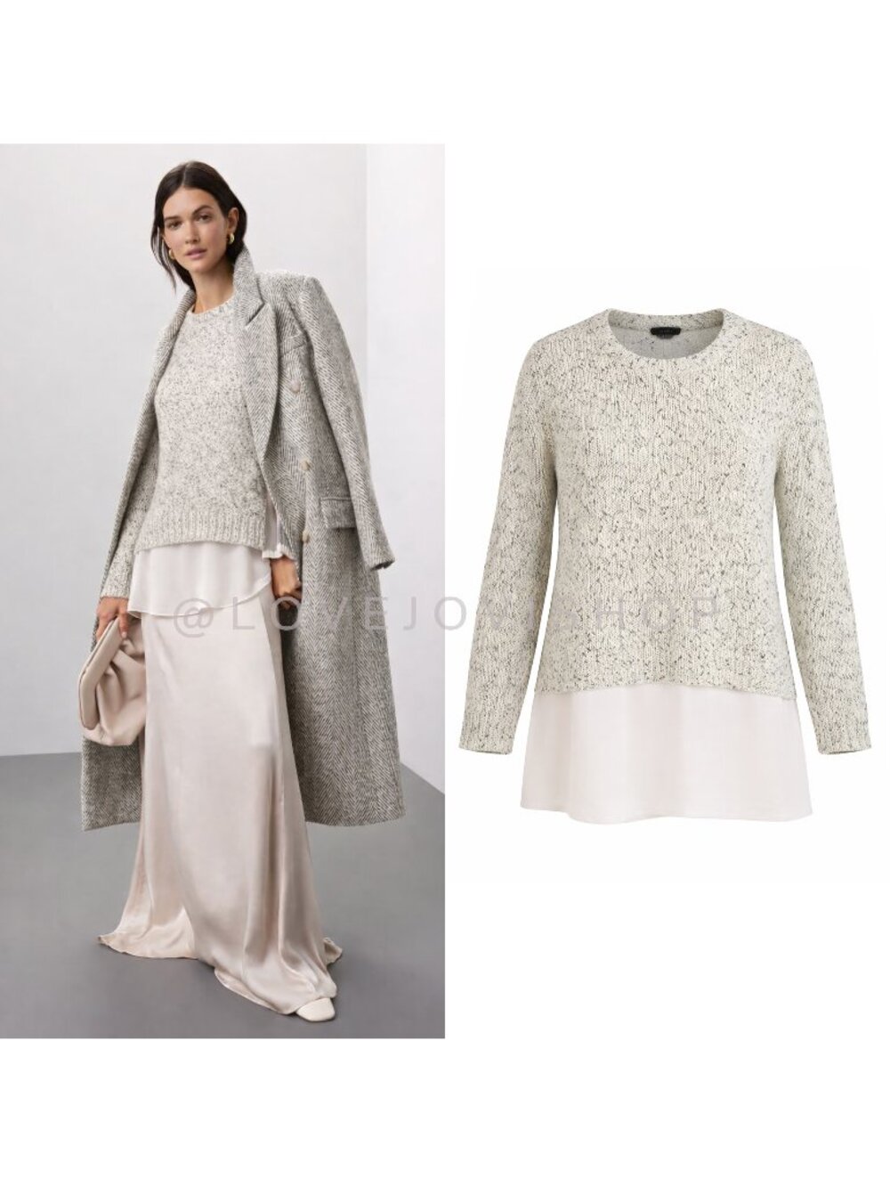 Sweater | Club Monaco Faux Chiffon Layer Shirt & Marled Knit Crew | Cream Gray L